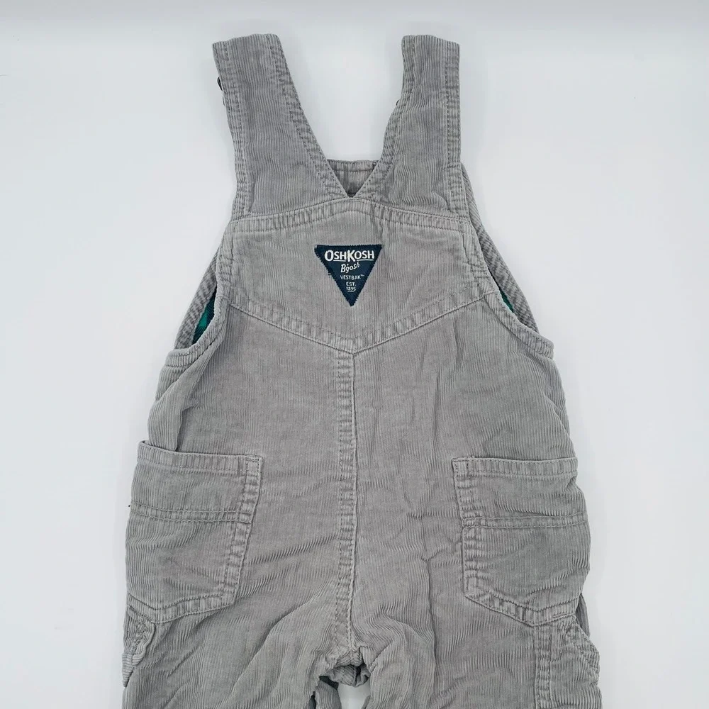 EUC OshKosh B'gosh Vestbak Corduroy Plaid Flannel Lined Overalls Gray Baby 9-12M